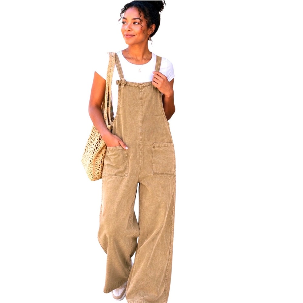 Zenana Womens Mineral Wash Wide Leg Overalls Tan Khaki DH010-1864Y Medium NWT